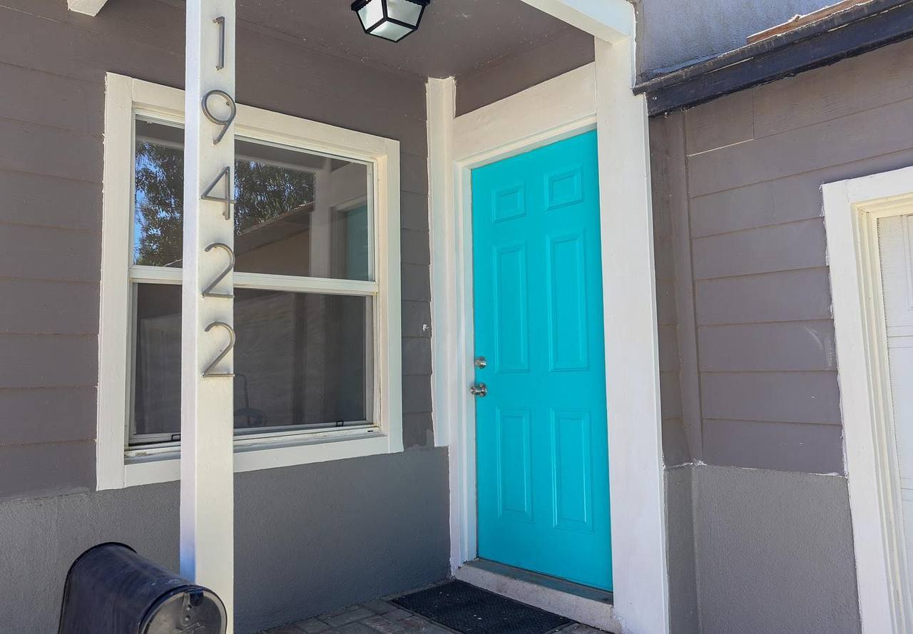 Front porch and turquoise door